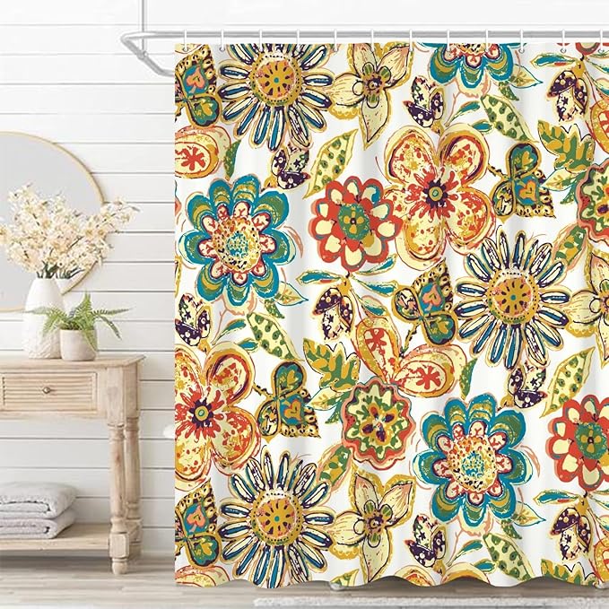 Boho Floral Bathroom Shower Curtain - Retro Funky Bohemian Flower Colorful Waterproof Durable Fabric Artistic Home Decor Shower Curtain with Hooks, 72x78 Inch