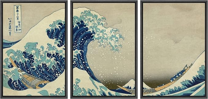 wall26 Framed Canvas Print Wall Art Set The Great Wave Off Kanagawa by Hokusai Cultural Historic Oil Painting Fine Art Reproduction Scenic Colorful for Living Room, Bedroom, Office - 24"x36"x3 Black