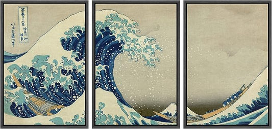 wall26 Framed Canvas Print Wall Art Set The Great Wave Off Kanagawa by Hokusai Cultural Historic Oil Painting Fine Art Reproduction Scenic Colorful for Living Room, Bedroom, Office - 16"x24"x3 Black