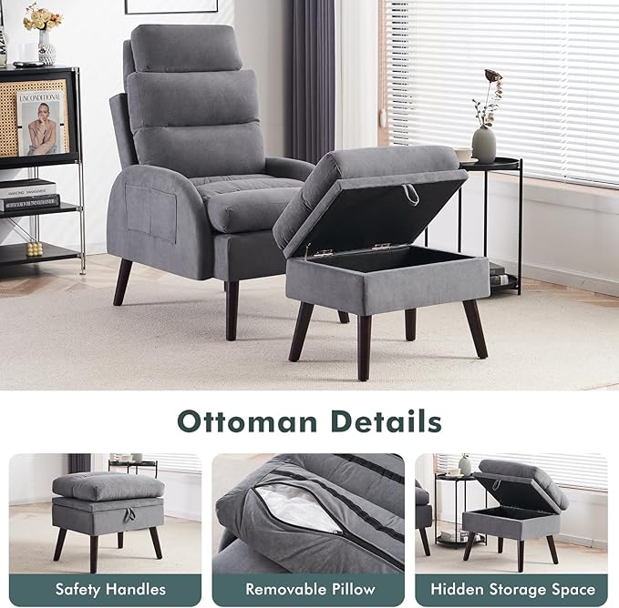HCHAIRH Accent Chair with Ottoman, Comfy Reading Chair and Ottoman Set, Modern Oversized Velvet Lounge Armchair with Adjustable Backrest for Living Room Bedroom, Velvet Dark Grey