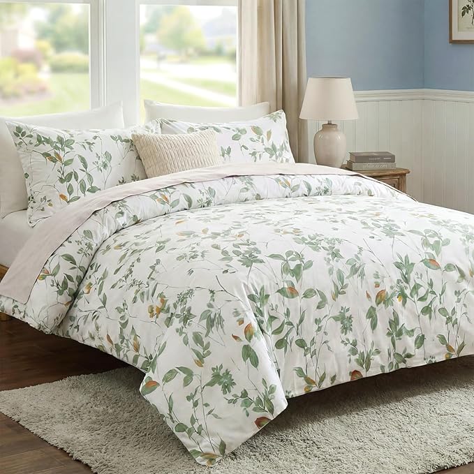 Floral Duvet Cover Queen Size 100% Cotton Reversible Green Floral Duvet Cover Set with Zipper Closure 3 Pcs Green Leaf Soft & Breathable Bedding Comforter Cover