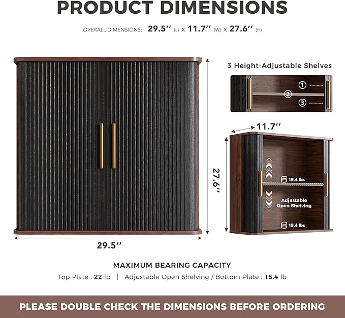 FIMELLO 29.5" W Bathroom Wall Cabinet, Laundry Room Cabinets Wall Mounted with Sliding Tambour Door, Kitchen Wall Cabinet, Floating Cabinet for Wall, Upper Cabinets, Black Walnut