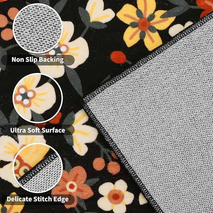 9x12 Area Rug Washable Modern Floral Rug for Living Room Low Pile Soft Bedroom Rugs Non Slip Modern Indoor Large Carpet Thin Foldable Floral Carpet for Nursery Dining Playroom, Black