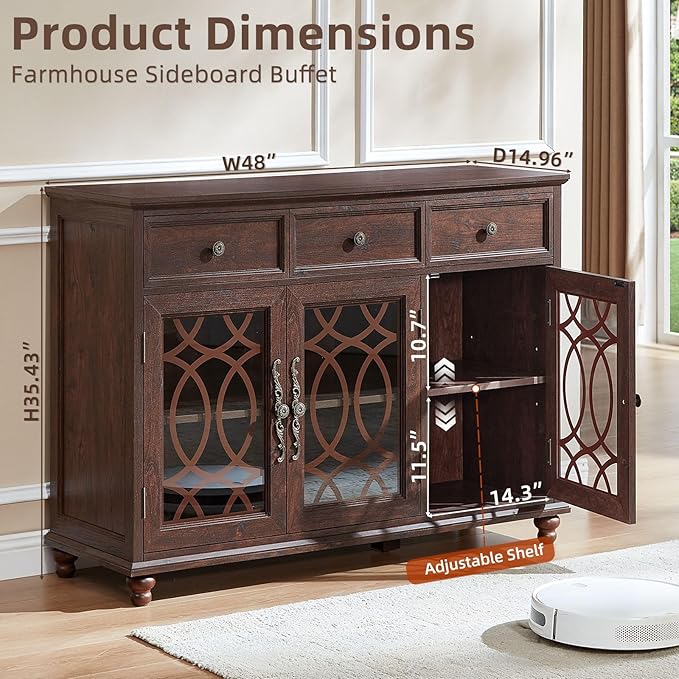 Large Sideboard Buffet Cabinet Set of 2 with Storage,48" Credenza with 3 Glass Doors & 3 Drawers,Adjustable Shelves Coffee Bar,Wood Kitchen Console Table for Dining Room,Walnut