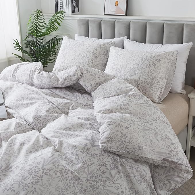 HoneiLife Cotton Duvet Cover Queen - Floral Comforter Cover 3-PC, Soft & Breathable Flower Bedding Duvet Cover Sets with Zipper Closure & Corner Ties, Wildflower Comforter Cover Sets, Plain Life
