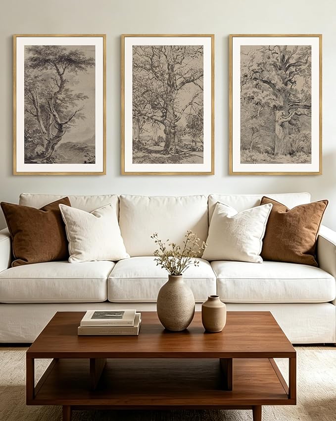KUVIOKE Vintage Tree Framed Wall Art Retro Antique Forest Drawings Nature Wilderness Sketch Wall Painting Modern Decor 24x36in (Natural Framed)
