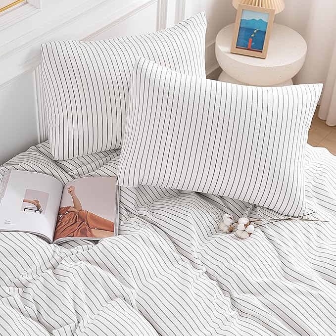 NEXHOME PRO Striped Duvet Cover Oversized King,100% Washed Cotton Bedding Set,Textured Linen Feel,Breathable,Organic,3 Piece(Grey Stripes 120x98)