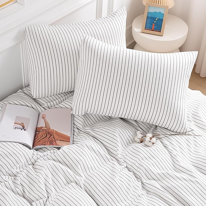 NEXHOME PRO Striped Duvet Cover Oversized Queen,100% Washed Cotton Bedding Set,Textured Linen Feel,Breathable,Organic,3 Piece(Grey Stripes 98x98)