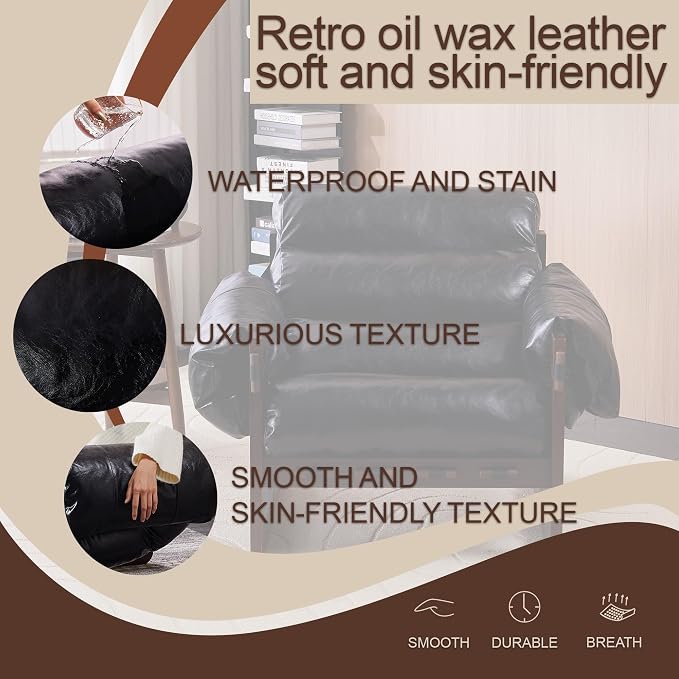 Leather Accent Chair, Mid Century Modern Lounge Chair with Removable Armrests Oil Wax Faux Leather Armchair for Living Room Bedroom Office (Antique Black)