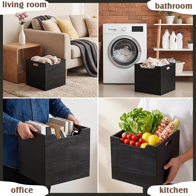 Colingmill 2 Pack Wooden Storage Box Bins Wood Crate with Open Front Stackable Cube Storage Organizer Bins for Books Records Home Pantry Clothes Toy Closet (13 Inch,Black)