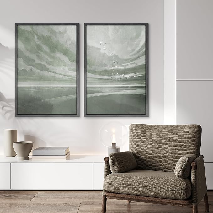 IDEA4WALL Framed Canvas Print Wall Art Set Green Horizon with Birds Serene Landscape Sky Illustrations Modern Art Decorative Bohemian Calm/Zen for Living Room, Bedroom, Office - 16"x24"x2 Black