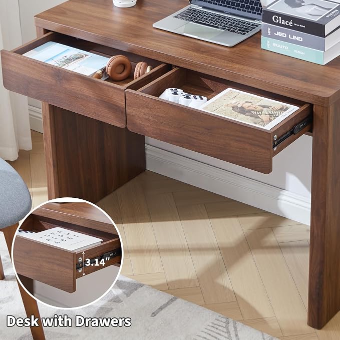 43 Inch Small Computer Desk with 2 Drawers, Mid Century Modern Writing Study Table for Home Office, Vintage PC Work Desk with Storage for Bedroom Small Spaces, Easy Assembly, MDF - Walnut