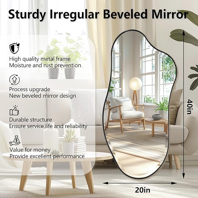 POZINO Irregular Beveled Mirror, 53"x26.5" Large Organic Shape Mirror with Black Metal Frame, Asymmetrical Decorative Wall Mirrors for Entryway Living Room Bedroom, Horizontal/Vertical Hanging