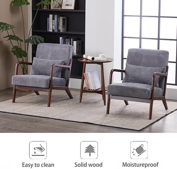 Accent Chairs Set of 2, Mid Century Modern Chair with Pillow, Arm Chair with Solid Wood, Reading Relaxing Leisure Chair for Living Room, Waiting Room, Grey