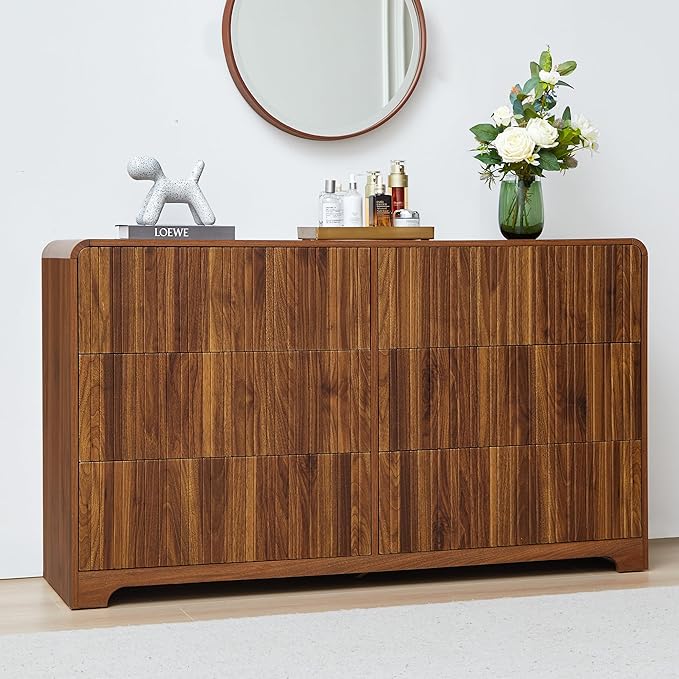 BERRYMERRY Fluted 6 Drawers Dresser for Bedroom, 53" Wide Chest of Drawer with Rounded Edge,Mid Century Modern Large Double Wood Dresser for Living Room Bedroom