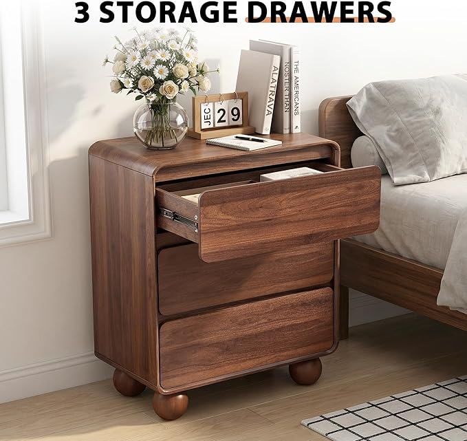 AVZEAR Modern 3 Drawer Dresser for Bedroom, Wooden Dresser Chest of Drawers, Handle Free & Curved Profile Design, Mid Century 3 Drawer Nightstand for Living Room, Walnut