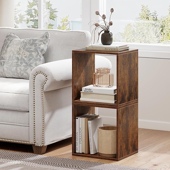 2 Stackable Cubes Bookcase, Wooden Cubby Storage Organizer with Anti-Tipping Device, Small Book Shelf for Small Space, Combination Square Bookshelf Cubes (1, Rustic Brown)