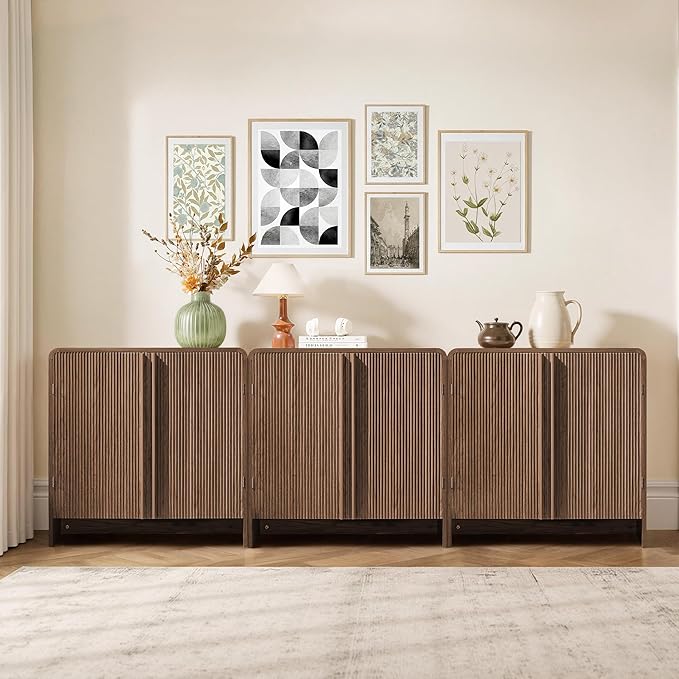AMERLIFE 3-Piece Fluted Buffet Cabinet with Storage, Modern Sideboard Cabinet with Doors & Adjustable Shelf, Console Table & Credenza for Living Room, Kitchen & Entryway, Brown