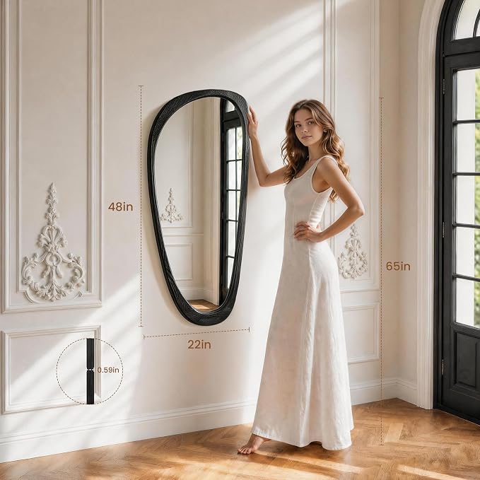 48" x 22" Asymmetrical Wall Mirror with Black Wood Frame, Irregular Decorative Mirror for Living Room Entryway Bedroom, Large Wall Mirror, HD Tempered Glass, Horizontal or Vertical Hanging