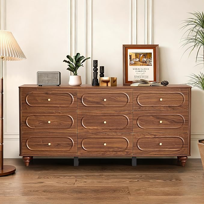 ORRD 9 Drawer Fluted Dresser for Bedroom, Mid Century Modern Chest of Drawers, Wood Storage Small Dresser Organizer for Bedroom Living Room Hallway Closet, Walnut