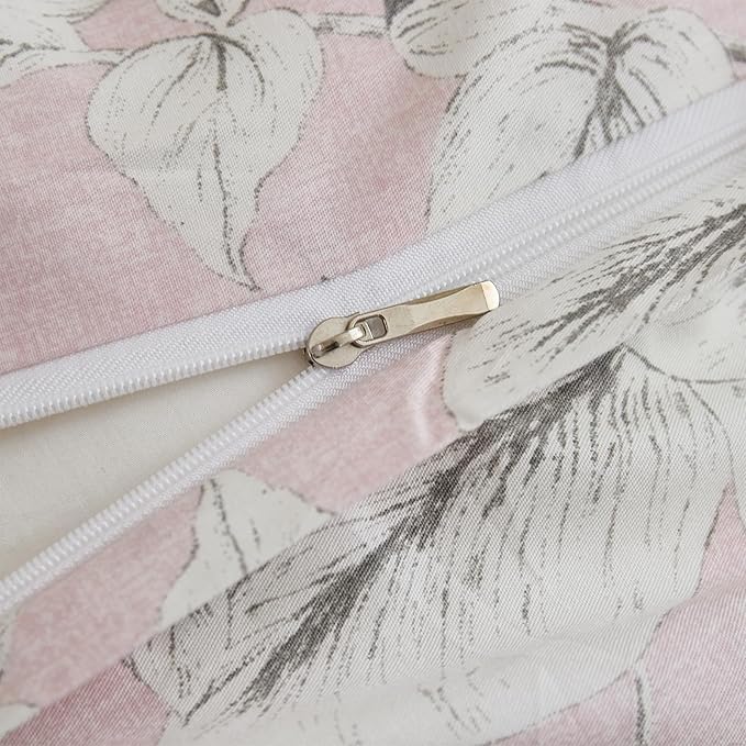 Cozeline Duvet Cover Set Queen Size 100% Nature Cotton Pink Floral Leaf Pattern Duvet Cover Set 3 Pieces Soft & Breathable Bedding Set with Zipper Closure & Corner Ties