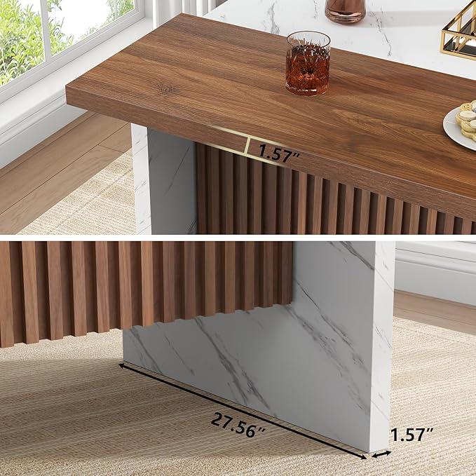 63" Large Imitation Marble Bar Table,Island Table with LED Lights,Mordern Marble Stripes Dining Table with Grille Design for Home Kitchen, Living Room, Balcony, Basement(White)