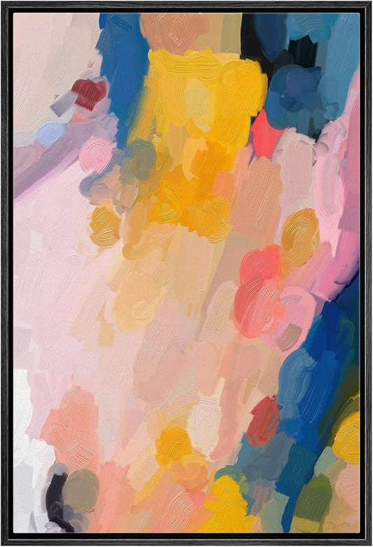 MUDECOR Framed Canvas Print Wall Art Pastel Blue, Orange & Pink Paint Strokes Abstract Shapes Watercolor Modern Art Contemporary Multicolor Ultra for Living Room, Bedroom, Office - 16"x24" Black