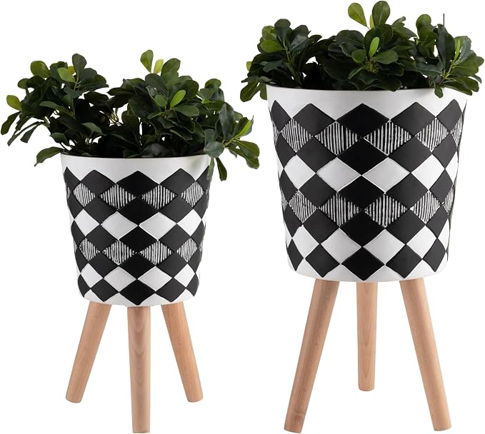 Resin Planter Stands Set – Plant Stand for Living Room or Patio Display for Greenery and Home Decor Styling, Geometric Mid-Century Design for Modern Outdoor Decor – 12" & 10", Black and White