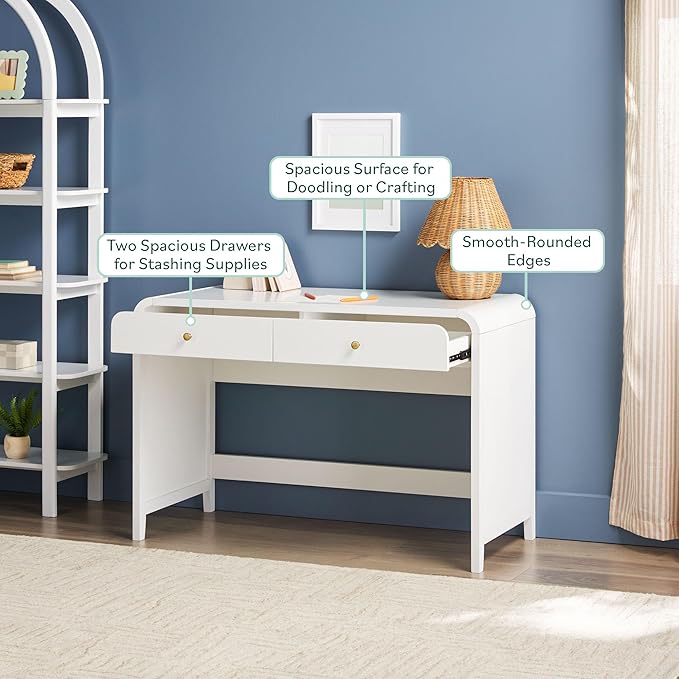 Walker Edison Zoey Modern Curve Design Writing Desk with Drawer, 45 Inch, White