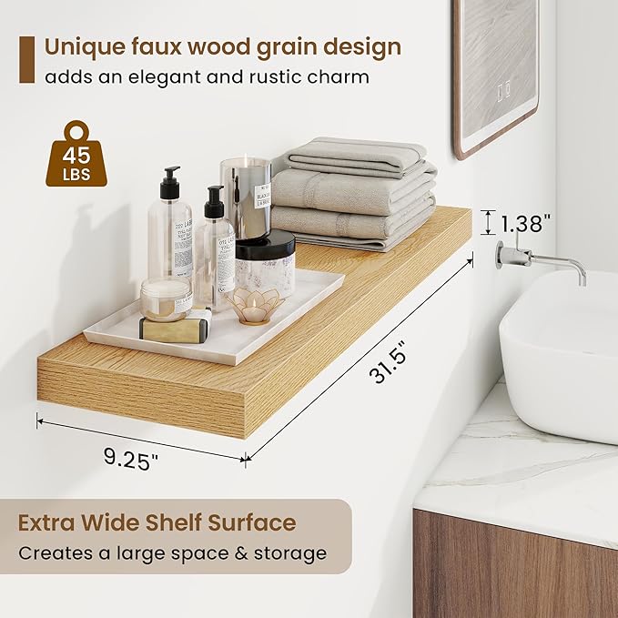 32in Floating Shelves for Wall, 32"W x 9.25"D x 1.25"H, 2 Pack Long Wall Mounted Engineered Wood Shelves with Invisible Brackets for Living Room, Bedroom, Bathroom, Kitchen Decor and Storage, Oak