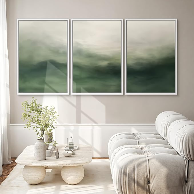 SIGNWIN Framed Canvas Print Wall Art Set Abstract Green Misty Landscape Illustrations Modern Art Decorative Boho Relax/Zen Nordic for Living Room, Bedroom, Office - 16"x24"x3 White
