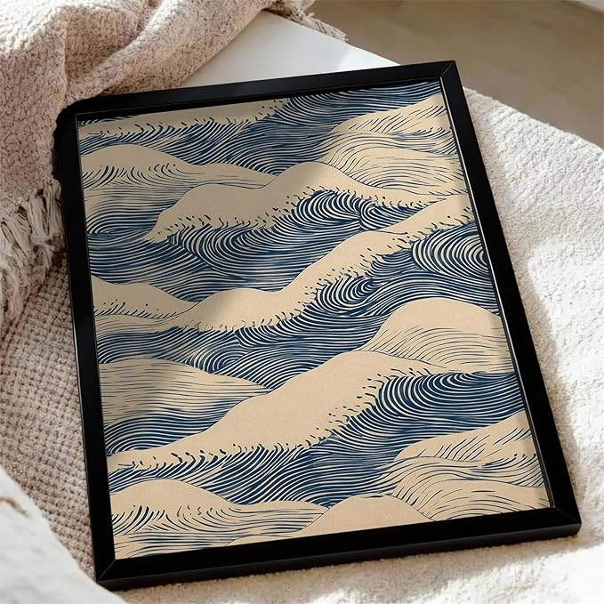 Japanese Blue Wave Canvas Poster Modern Abstract Geometric Wall Art 12X16 inch Black Framed Vintage Mid-Century Wabi Sabi Prints for Minimalist Living Room Dorm Wall Decor