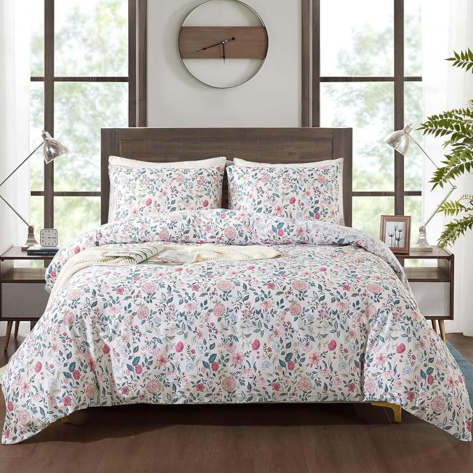 HoneiLife King Size Duvet Cover - Cotton Comforter Cover, Soft & Breathable Floral Bedding Duvet Cover Sets with Zipper Closure & Corner Ties, 3-PC Wildflower Comforter Cover Sets, Carnation