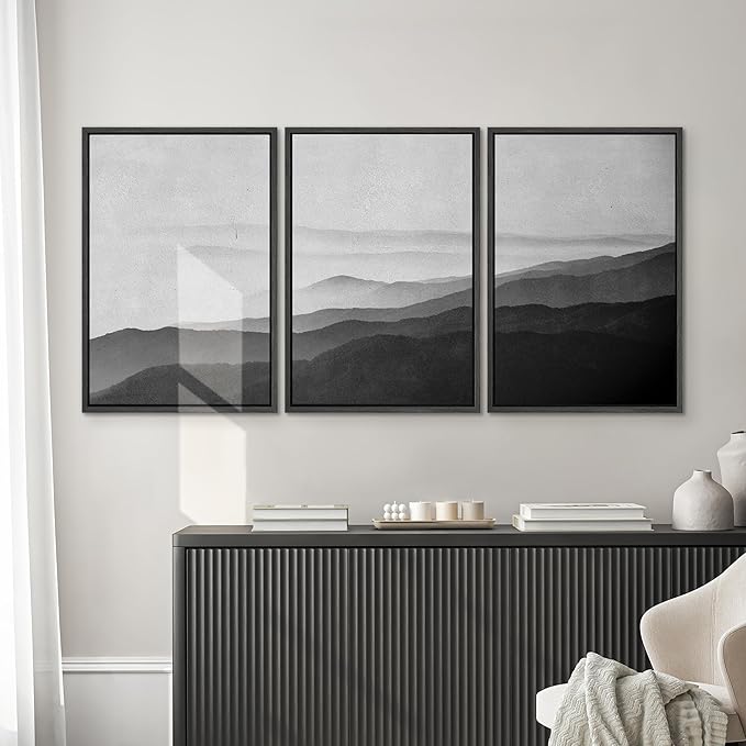 SIGNWIN Framed Canvas Print Wall Art Side of Mountain in Mist Nature Rocky Cozy Neutral Minimalism Contemporary Black and White for Living Room, Bedroom, Office - 24"x36"x3 Black