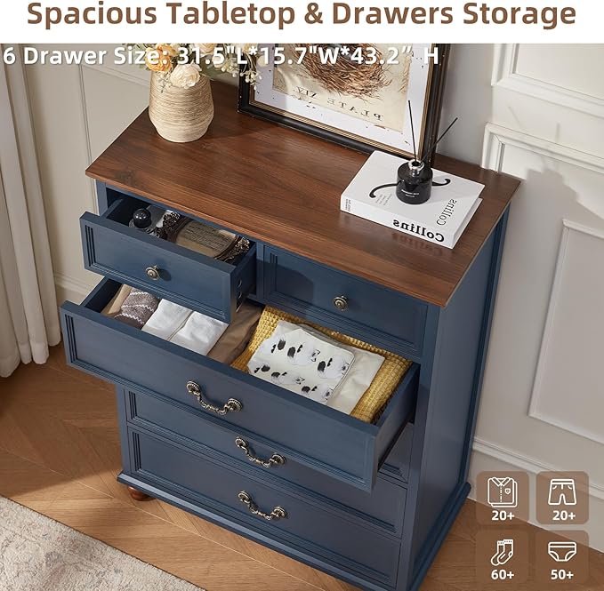 Farmhouse 6 Drawer Dresser Set of 2 for Bedroom, 42" Tall Rustic Chests of Drawers w/ 4 Solid Wood Feet, Mid Century Vintage Wooden Closet Storage Dressers Organizer for Living Room,Blue