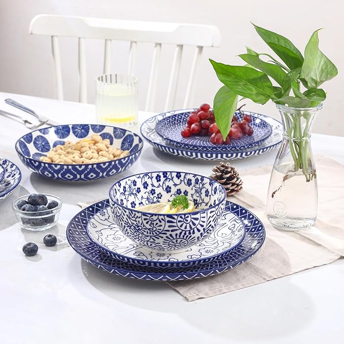 Selamica Ceramic Plates and Bowls Sets,24 Pieces Dinnerware Sets for 6,Scratch Resistant Dish Set for holiday gathering, Dishwasher & Microwave Safe, Vintage Blue