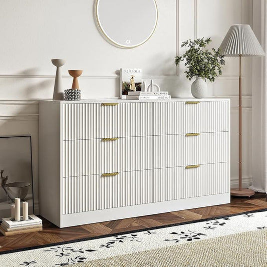 6 Drawers Fluted Dresser for Bedroom, 55" Wide Wooden Dresser with Deep Drawers, Large Floor Chest of Drawers, Modern Long TV Stand, Storage Cabinet Side Table, White