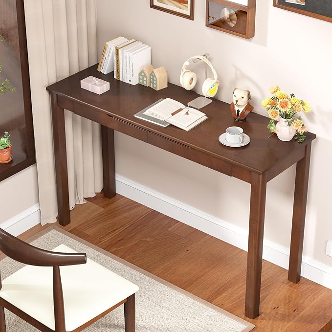 100% Solid Wooden Desk with Drawers - 47 x 16 Inch Mid Century Narrow Desk, Vintage Writing Desks with Drawers, Simple Work Study Table, Small Desks for Small Spaces, Walnut Color