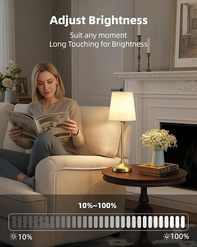 Battery Operated Lamp, 8000mAh, Ambient Light, Touch Control, Dimmable, Portable, 2700K, LED, Wireless, Rechargeable, Battery Operated, Desk Lamp, Kitchen Lamp, Fabric Shade, for Dining Room, Bedroom