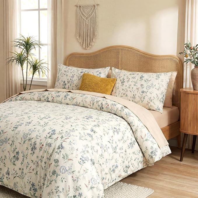 Floral Duvet Cover Set King Size 100% Cotton Green Floral Comforter Cover 3 Pcs Lightweight Soft Aesthetic Floral Bedding Sets
