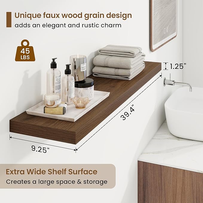 40in Floating Shelves for Wall, 40"W x 9.25"D x 1.25"H, 2 Pack Long Wall Mounted Engineered Wood Shelves with Invisible Brackets for Living Room, Bedroom, Bathroom, Kitchen Decor and Storage, Walnut