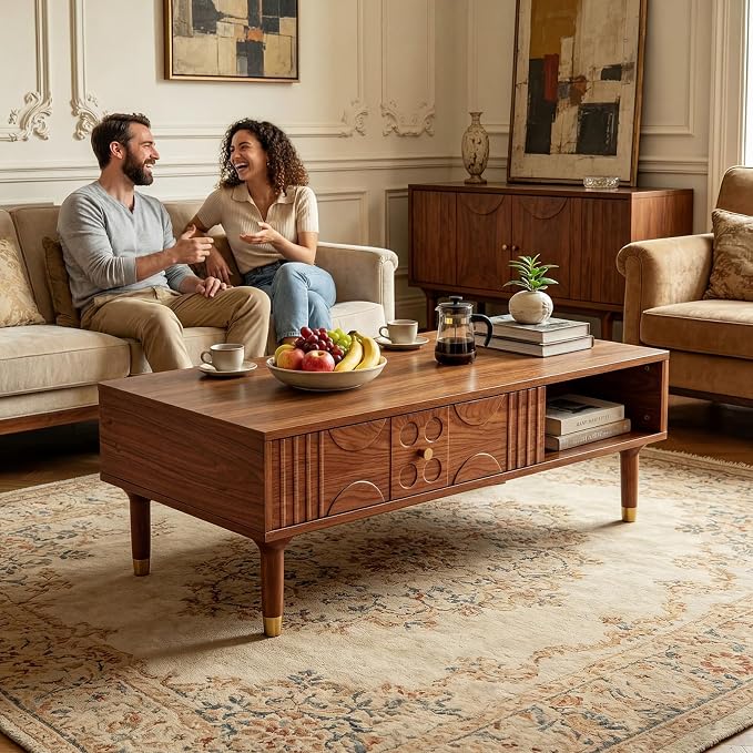 47.2" Coffee Table – Rustic Solid Wood & MDF Coffee Tables, Mid Century Modern Center Table with Tapered Legs for Living Room, Walnut