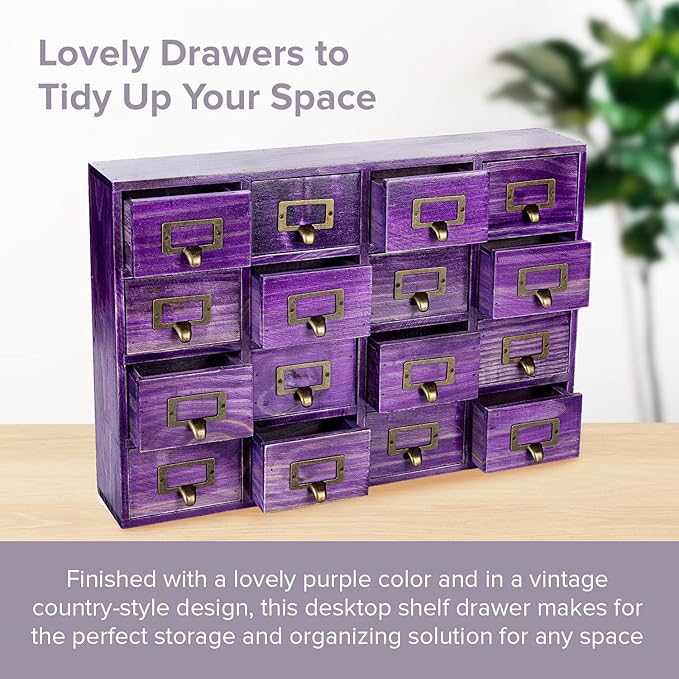 Purple 16-Slot Wooden Drawer Unit - Country Style Desk Organizer Box - 20"x3.6”x14” Wooden Storage Box w/ 16 Drawers - Countertop Drawers w/Label Holder & Handle - Slim 4-Level Organizer