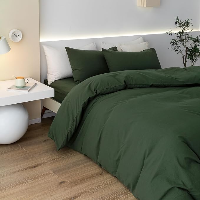 JIYUAN 100% Washed Cotton Duvet Cover Set 3 PCS Oversized King Plus, 1 Duvet Cover 128"x120"(Comforter Not Included) and 2 Pillowcases,Linen Feel Bedding Set Comfy and Breathable,Forest Green