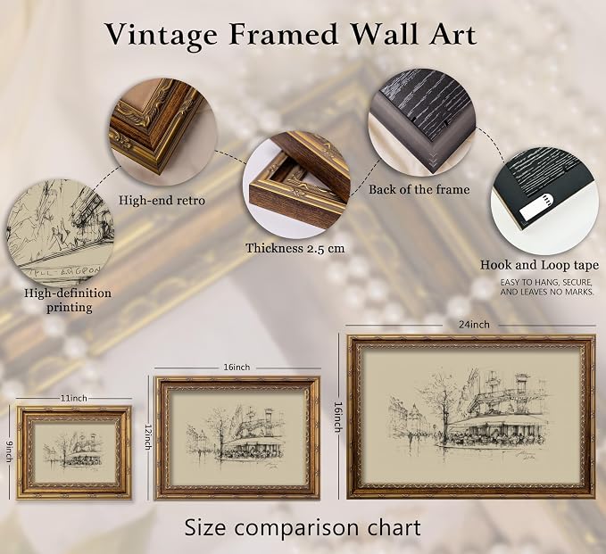 Vintage Gold Framed Black and White Sketch Wall Art French Cafe Sketch Canvas Prints Retro Paris City Landscape Poster Artwork French Bistro Wall Decor for Dining Room Kitchen Urban Decor12x16in