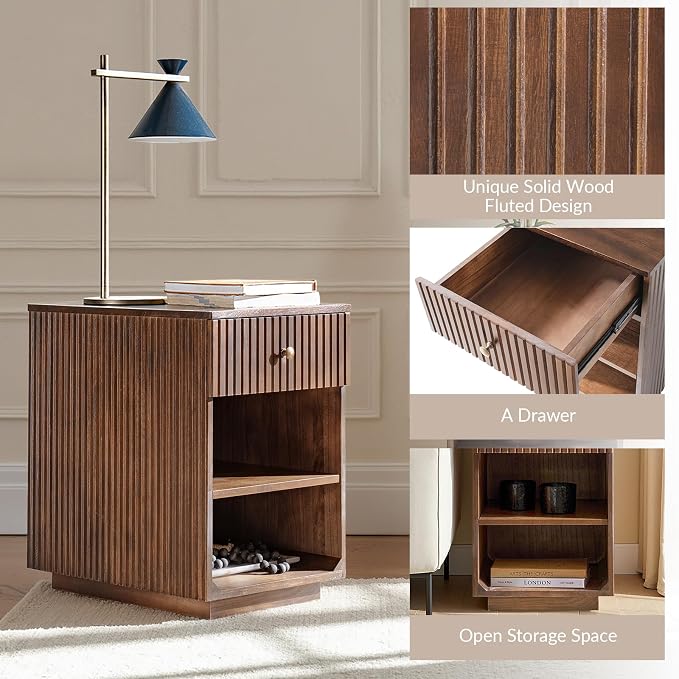 HULALA HOME Mid-Century Modern End Table with Drawer and Open Shelves, Solid Paulownia Wood Side Table, Brass Knob, No Assembly Required(Set of 2, Walnut)