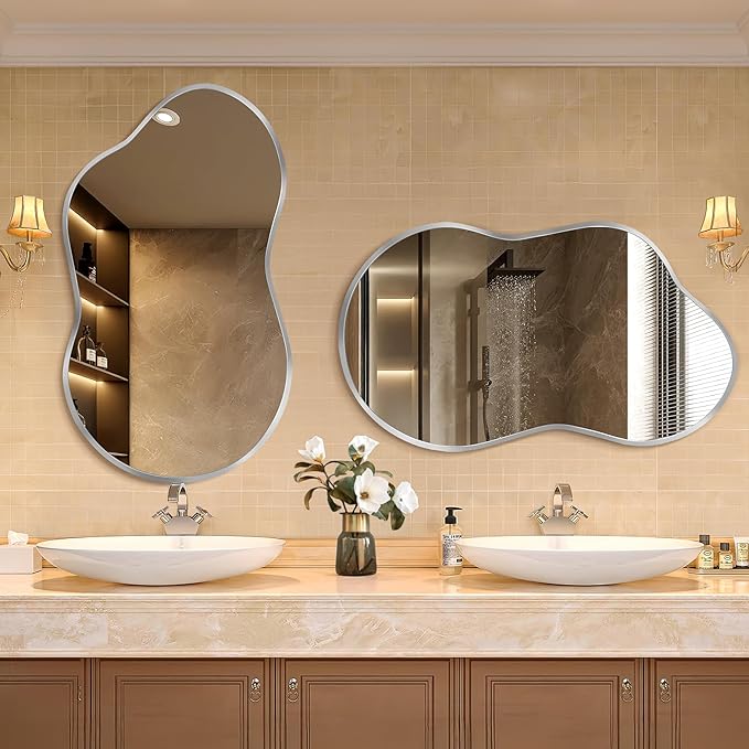 Irregular Wall Mirror - Wall Mirrors Decorative 24"x36" Silver Asymmetrical Mirror Tempered Glass Aviation Aluminum Alloy Frame for Bathroom, Bedroom, Living Room, Cloakroom, Entryway