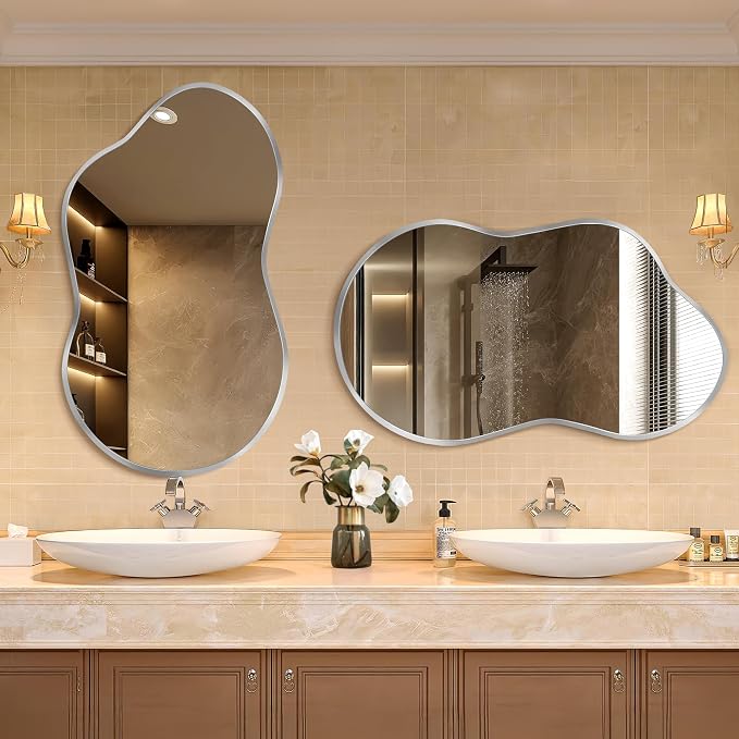Dorlicecass Irregular Wall Mirror - Wall Mirrors Decorative 20"x36" Silver Asymmetrical Mirror Tempered Glass Aviation Aluminum Alloy Frame for Bathroom, Bedroom, Living Room, Cloakroom, Entryway