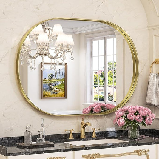 Brightify Gold Oval Mirror for Wall 30x42 Inch, Metal Framed Bathroom Vanity Mirrors, Modern Pill Shaped Mirror for Bedroom Living Room Wall Decorative Hang Vertical and Horizontal