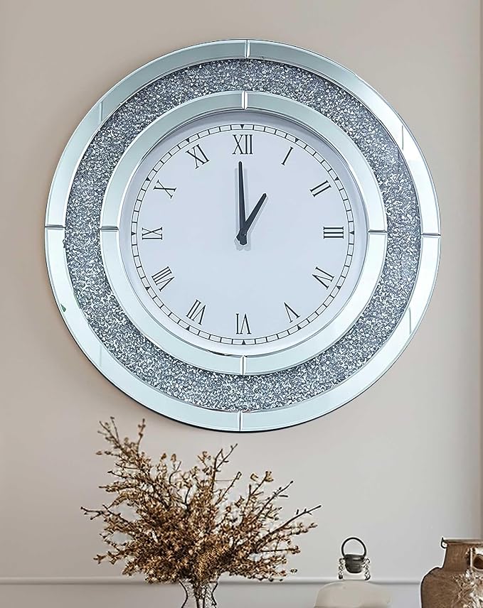 Crushed Diamond Wall Clock Round Decorative Mirrored Clock 24 inch Silver